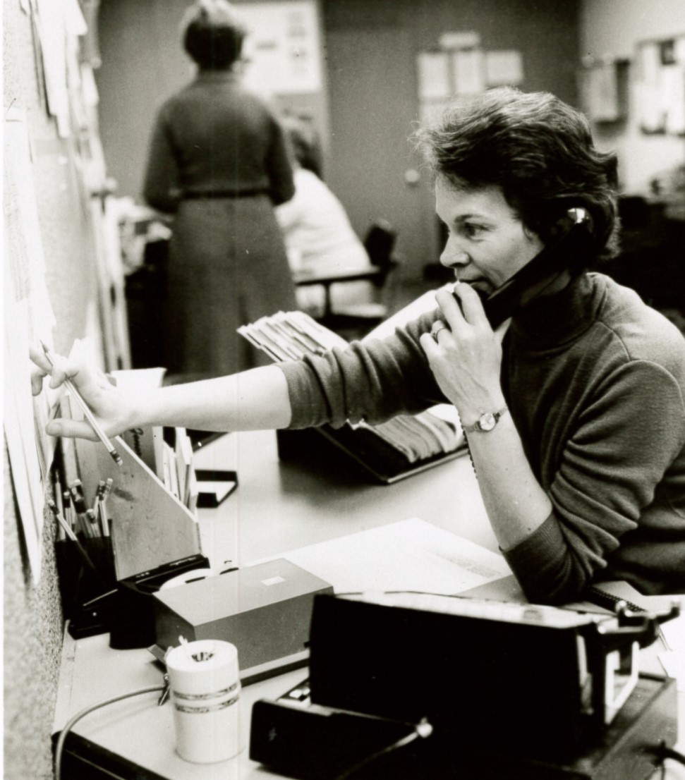 Long-time InfoServant Woodley McEachern works at her desk in 1978. Photo courtesy of United Methodist Communications. InfoServ began in 1974.